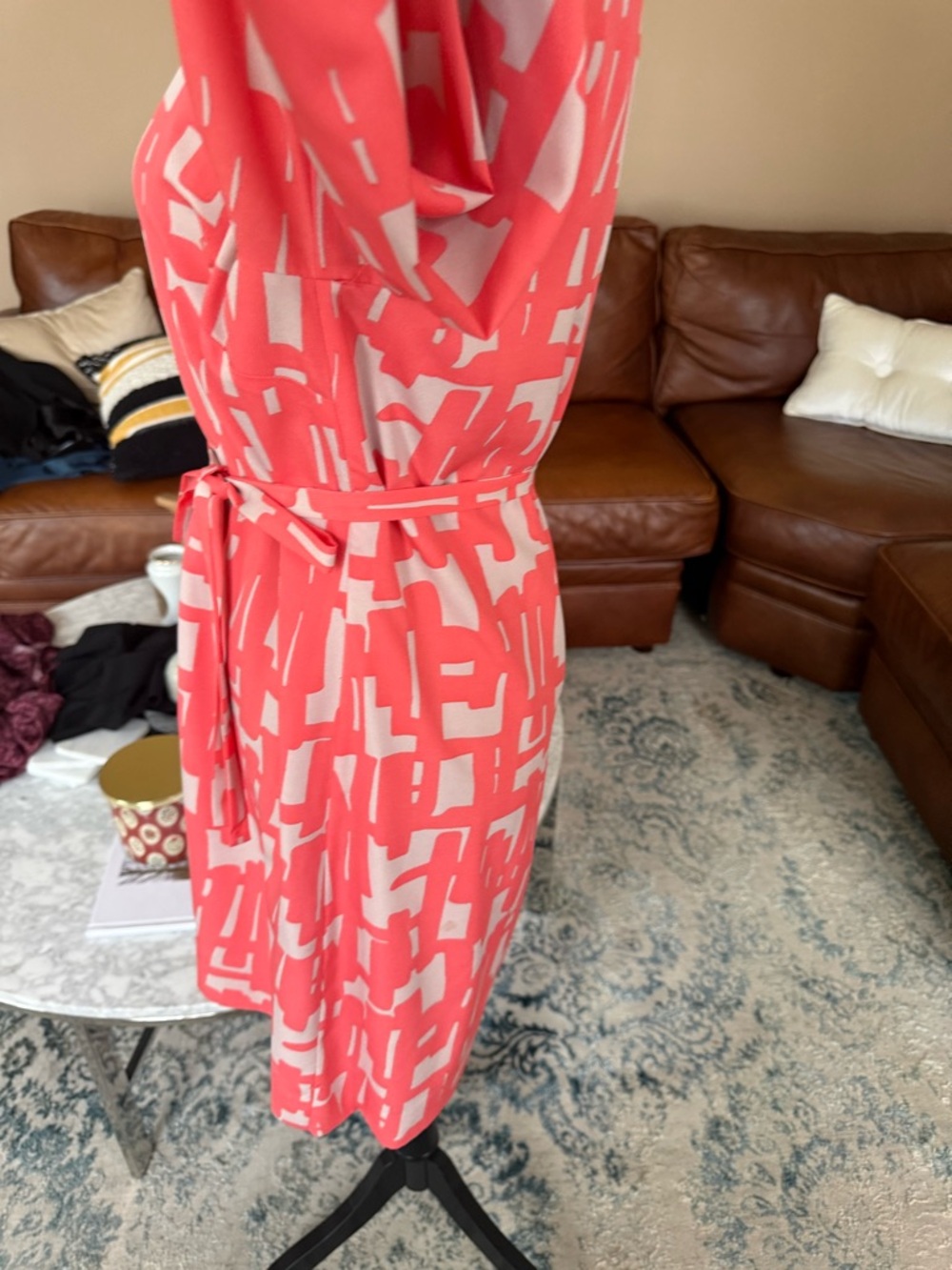 Coral Abstract Print Tie-Waist Midi Dress - Picture 4 of 14